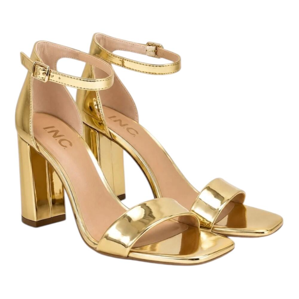 INC Women's Lexini Two Piece Block Heel Sandals Gold Size 11